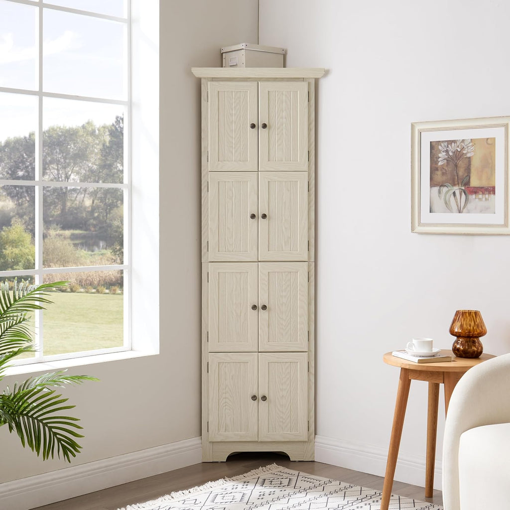 Tall Corner Bookcase Storage Cabinet with Doors and 4 Shelves, Freestanding Triangle Cabinet for Living Room, Kitchen, Office, Small Space, Floor Corner Storage Rack (White2)