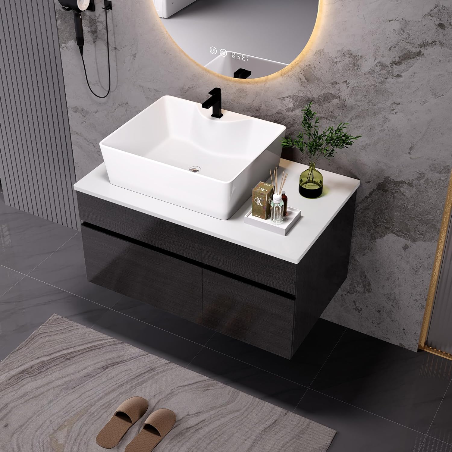 31.5' Bathroom Vanity with Ceramic Sink & MDF Top,Floating Vanity Bathroom Sink Cabinet Wall Mount with Hidden Drawers & Soft Closing Cabinet Door for Organizer