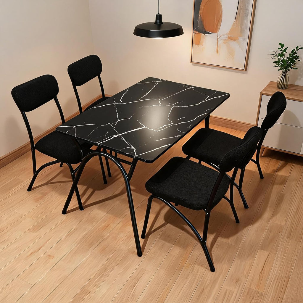 5-Piece Dining Table Set for 4, Modern Kitchen Table with 4 Boucle Chairs, Rectangular Dining Table with Storage Shelf & Marble Tabletop, Beige Home Dining Furniture for Small Space, Black+Black