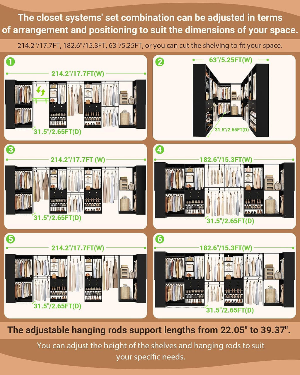 Besiost Closet System with 4 Drawers & Corner Tower, Closet Organizer System with 10 Hanging Robs, Reversible U Shaped Walk-in Closet System, Load 3600+LBS Capacity, Set of 4, Black