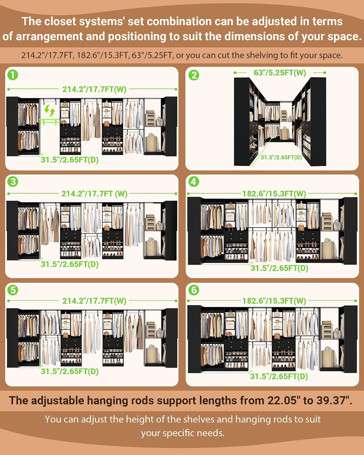 Besiost Closet System with 4 Drawers & Corner Tower, Closet Organizer System with 10 Hanging Robs, Reversible U Shaped Walk-in Closet System, Load 3600+LBS Capacity, Set of 4, Black
