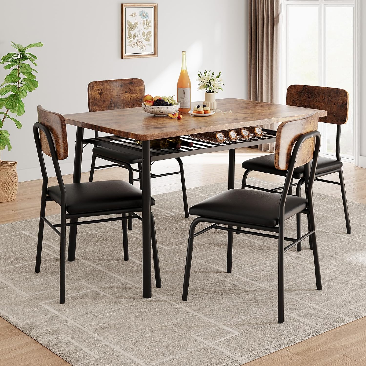 GarveeHome Dining Table Set for 4 with Storage Rack, 5-Piece Kitchen Table and Upholstered Chairs of 4, Wood Tabletop & Heavy-Duty Metel Frame, Dining Room Set for Small Space, Apartment, Brown