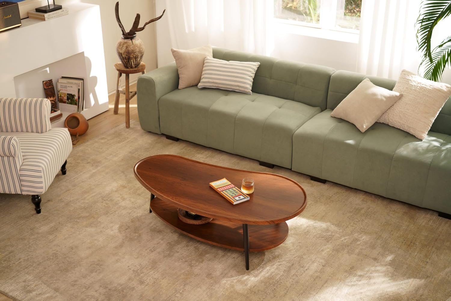 AGV LIGHTING Mango Oval Coffee Table with Storage Shelf, 47' Mid Century Modern Coffee Table for Living Room, Walnut Wood Finish MDF Top with Black Metal Legs