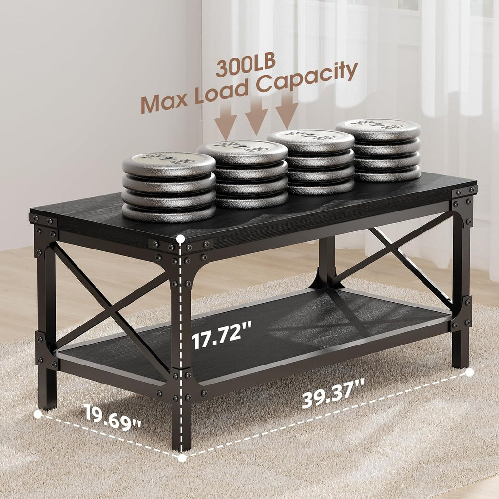 Rectangle Coffee Tables for Living Room, Wood Rectangular Coffee Table, 2 Tier Industrial Modern Center Table with Thickened Tabletop and Metal Frame, 40 inch Long (Black)