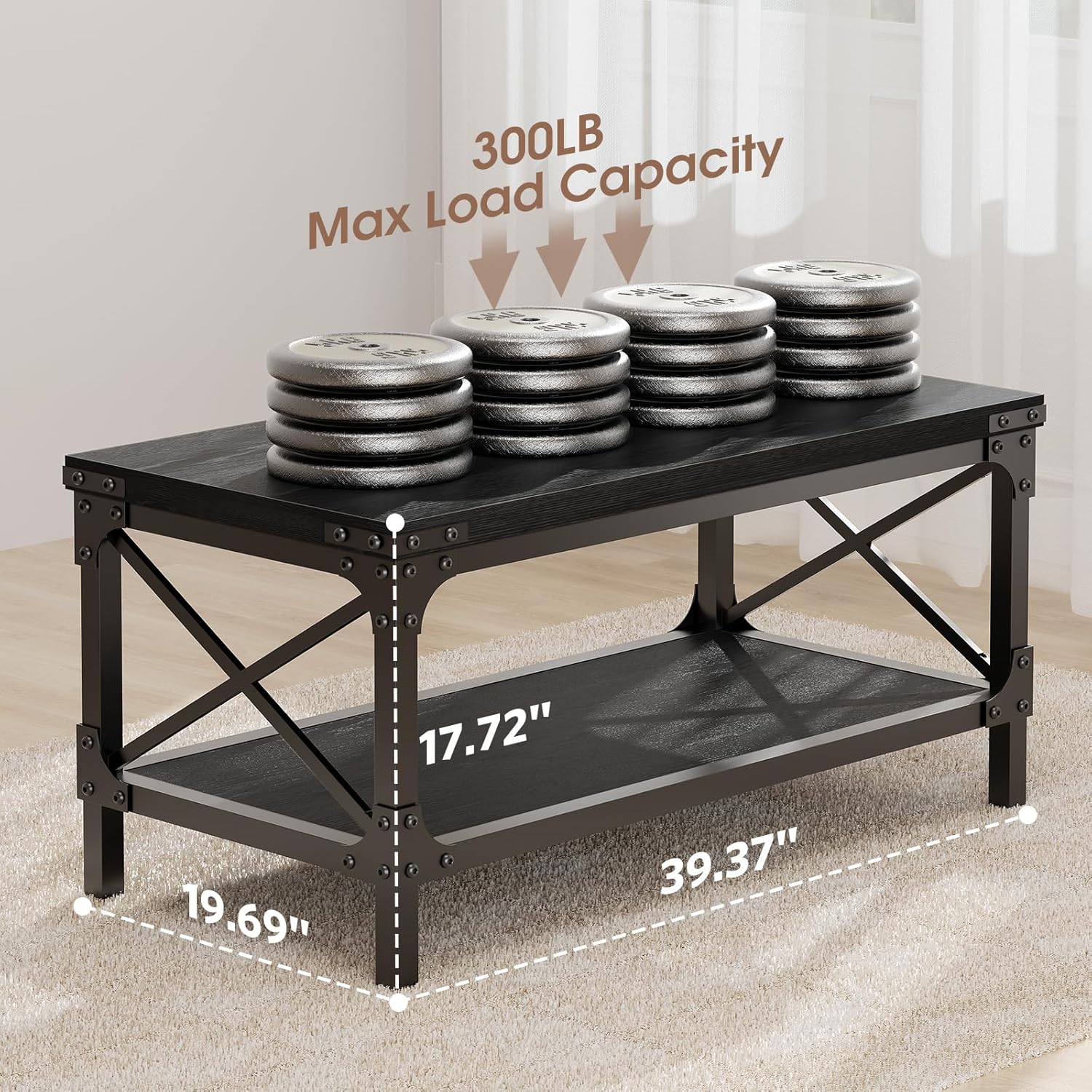 Rectangle Coffee Tables for Living Room, Wood Rectangular Coffee Table, 2 Tier Industrial Modern Center Table with Thickened Tabletop and Metal Frame, 40 inch Long (Black)