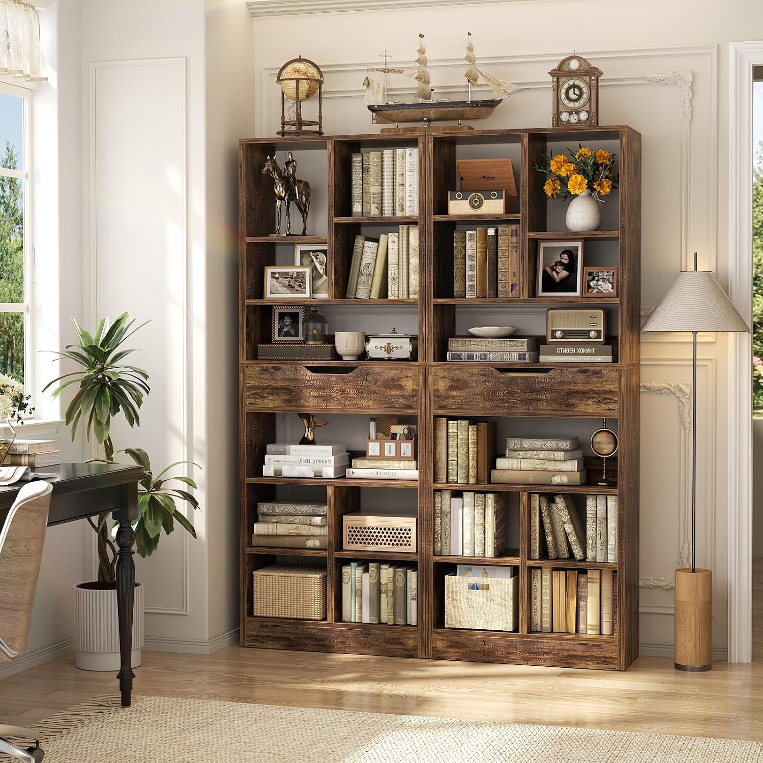 Armocity 8-Tier Tall Bookshelf with Drawer, 73.6' Narrow Freestanding Bookcase, Space-Saving Wood Display Shelves Storage for Living Room, Home Office Bedroom, Rustic Brown