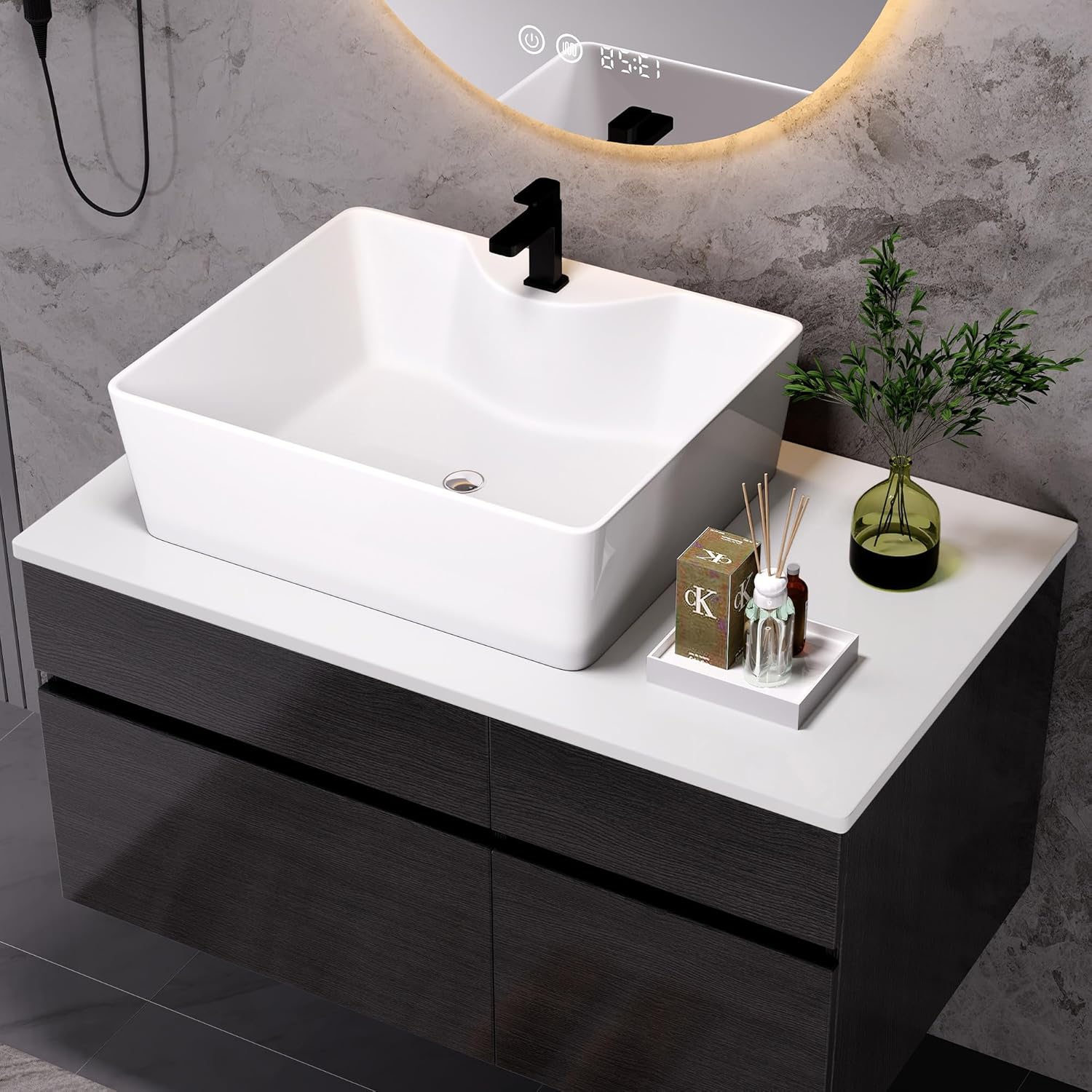 31.5' Bathroom Vanity with Ceramic Sink & MDF Top,Floating Vanity Bathroom Sink Cabinet Wall Mount with Hidden Drawers & Soft Closing Cabinet Door for Organizer