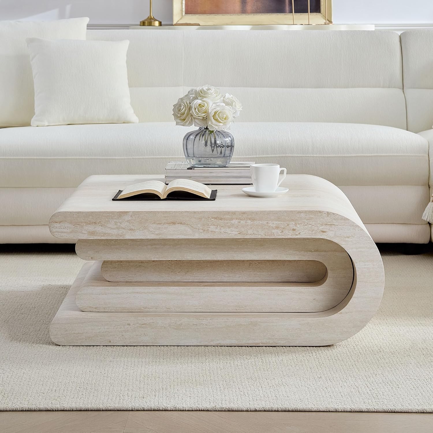 33.89' Square Faux Travertine Pattern Coffee Table for Living Room,MDF Modern Design Irregular Table with Layered Base for Office,Apartment,No Need Assembly,Beige