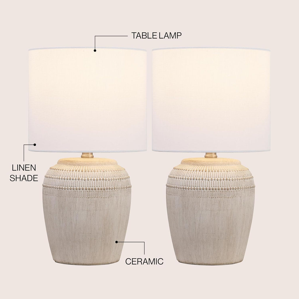 JONATHAN Y 16.75' Antique White/Nickel Ceramic Table Lamp Set of 2, Rustic Traditional Reeded Vase Lamps with White Linen Shade for Bedroom Living Room Decor (JYL5707B-SET2)