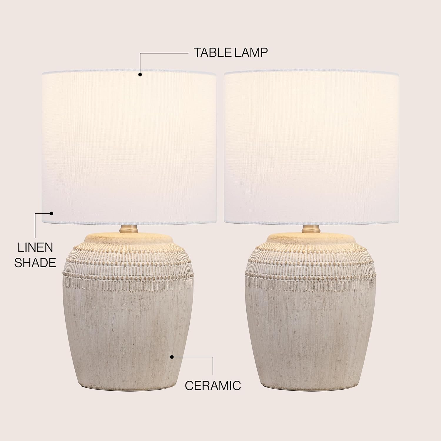 JONATHAN Y 16.75' Antique White/Nickel Ceramic Table Lamp Set of 2, Rustic Traditional Reeded Vase Lamps with White Linen Shade for Bedroom Living Room Decor (JYL5707B-SET2)