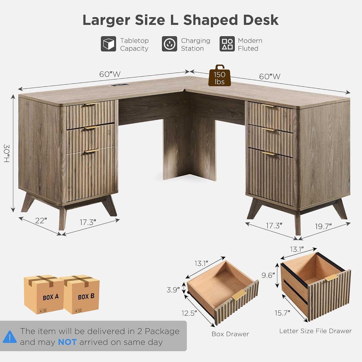 T4TREAM 60'' Fluted Executive L Shaped Desk, Modern Home Office Desk with Charging Station and File Drawer, Computer Corner Desks with Drawers & Storage Cabinet for Office Home, Bedroom, Alder Grey