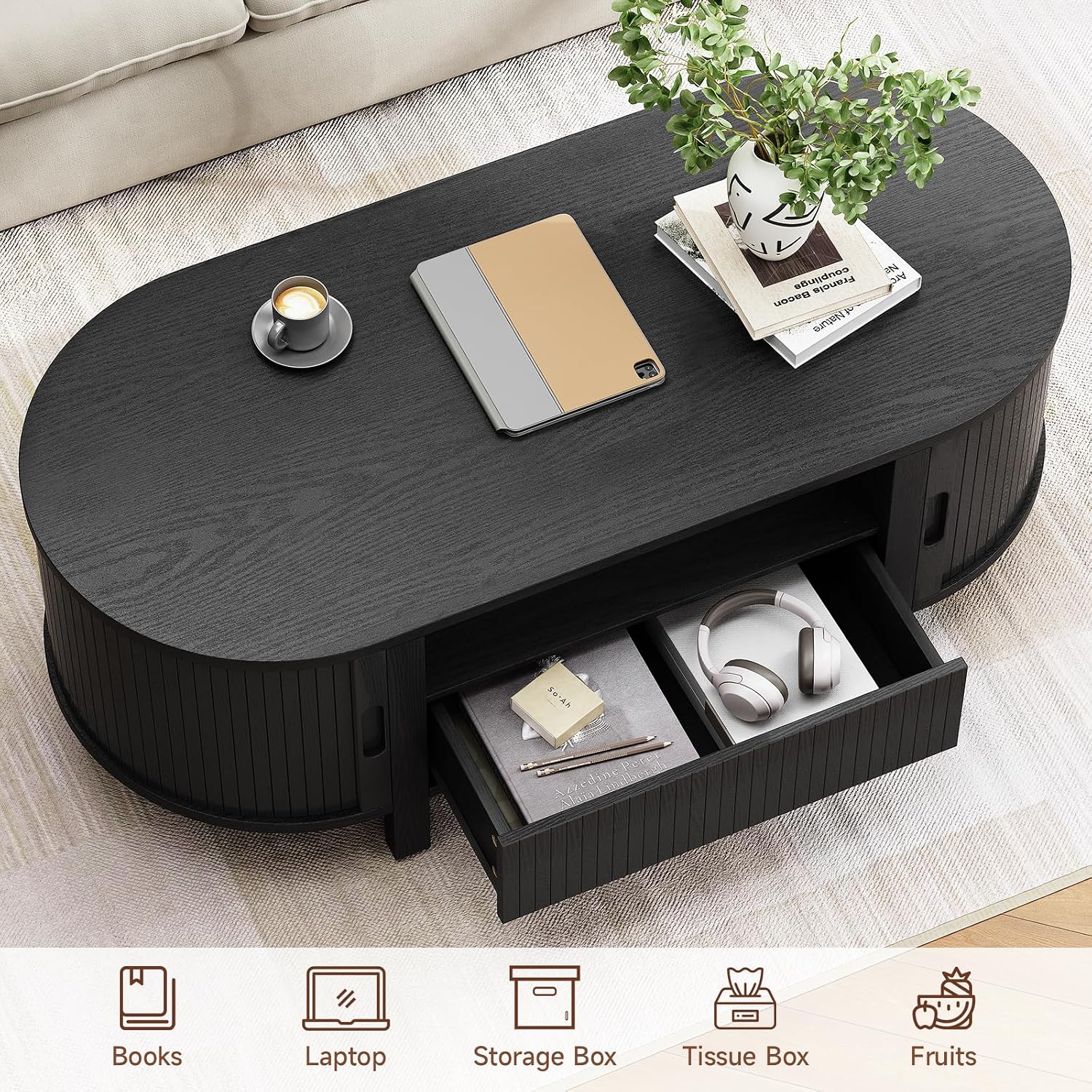 ONBRILL 47.2 Inch Oval Coffee Table with Storage, Mid Century Modern Coffee Table with Drawer, Center Table with Sliding Door and Wood Fluted Handle for Living Room, Black