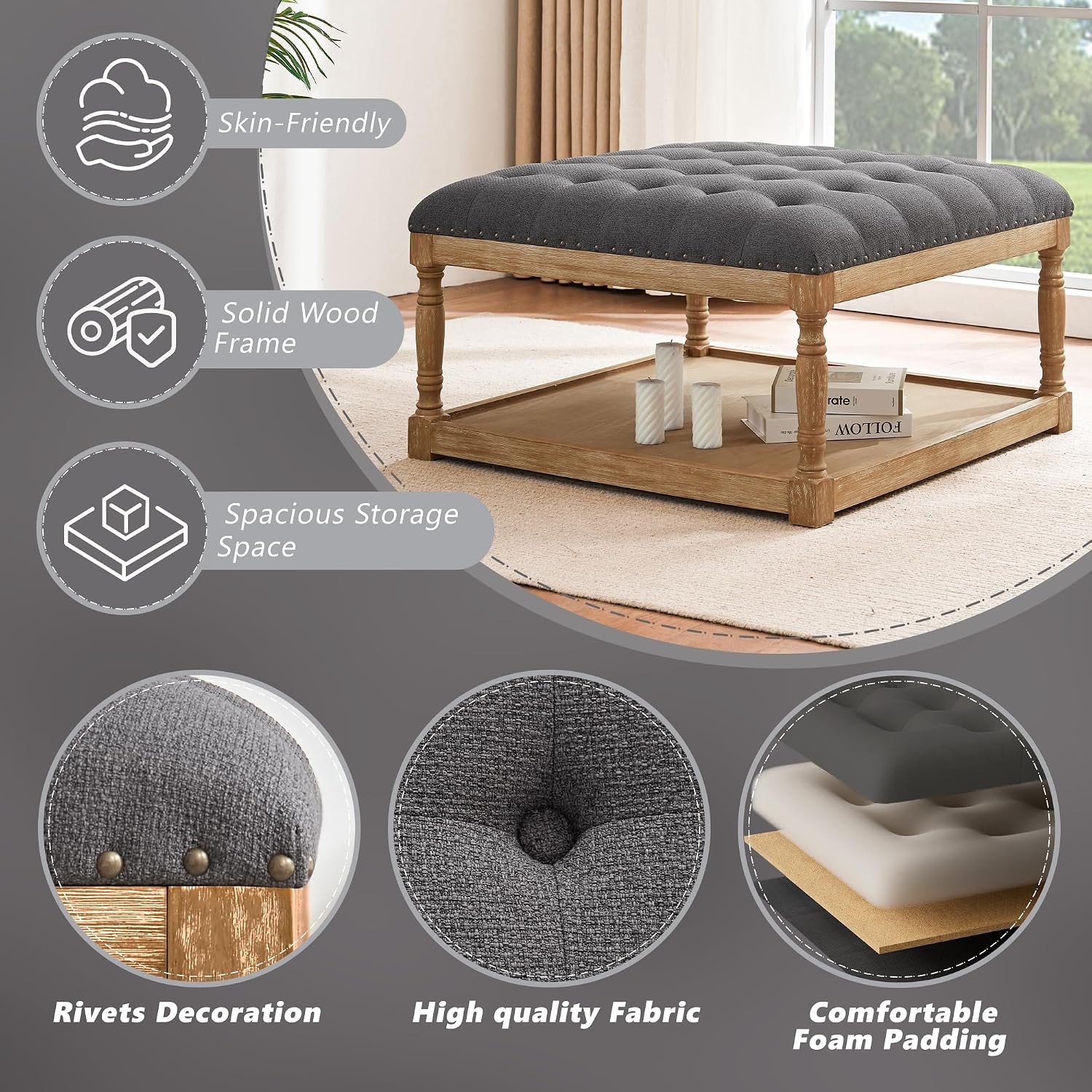 HUIMO 33-inch Large Square Ottoman Coffee Tables for Living Room, Tufted Upholstered Linen Ottoman with Storage Shelf and Solid Legs for Office Bedroom Farmhouse (Dark Grey)