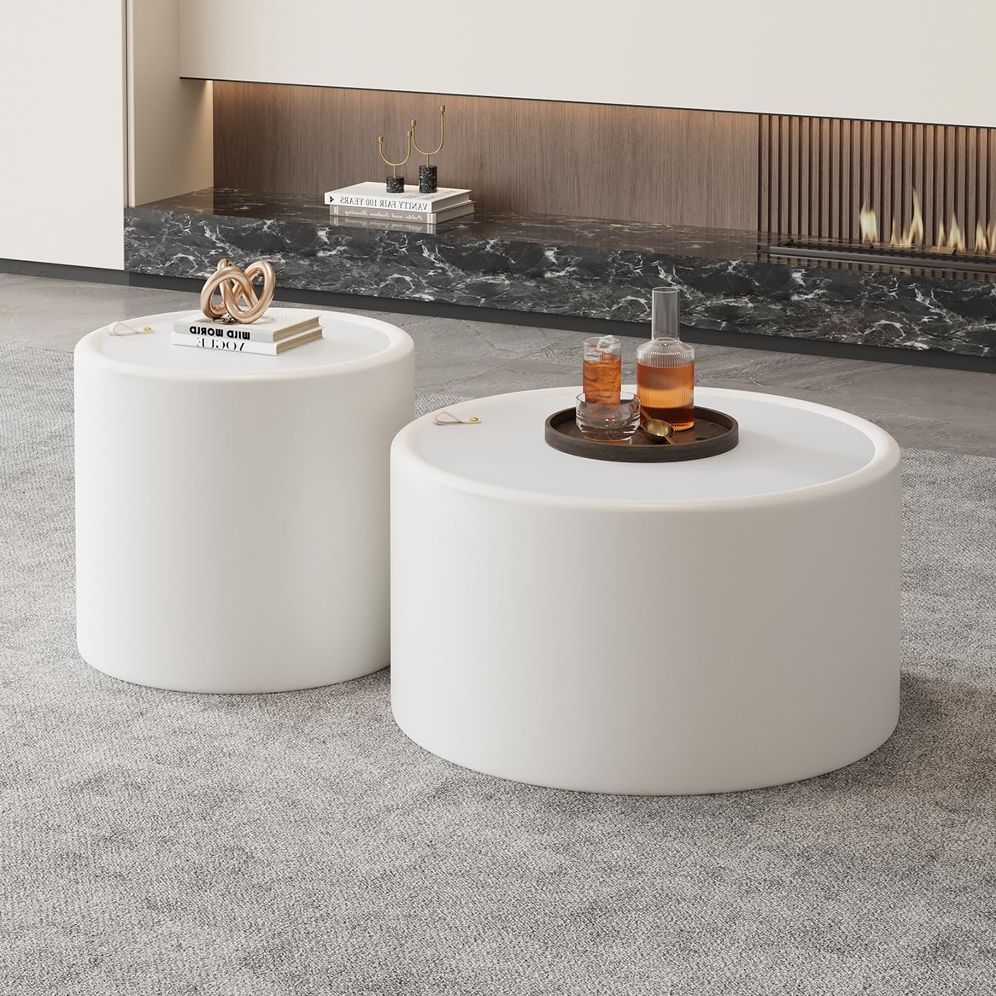 Round Coffee Table Set with Hidden Storage, 27.56' White Drum Center Table and 19.69' White Coffee Table Set, 2 Pieces Living Room Table Set with Tempered Glass Top and PU Leather Body