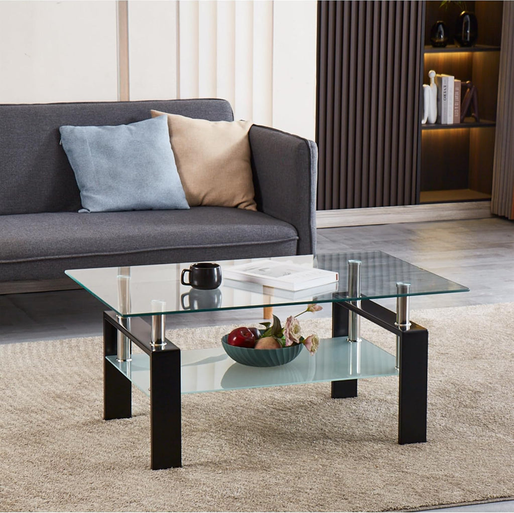 Glass Coffee Table Set of 3, Modern Clear Coffee and End Tables Set with Black Metal Legs, Small Waterfall Glass Coffee Table Set for Living Room, 3 PCS