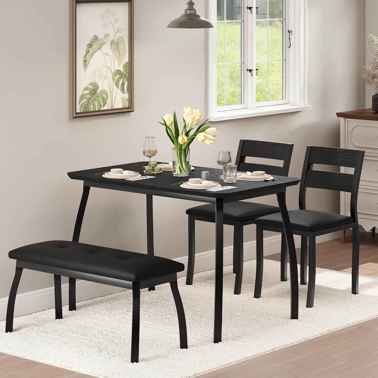 IDEALHOUSE 43'' Dining Table Set for 4, Wooden Kitchen Table with Upholstered Bench & 2 Cushion Chairs, Industrial Dinette Set for Studio, Kitchen, Dining Room, Apartment, Black