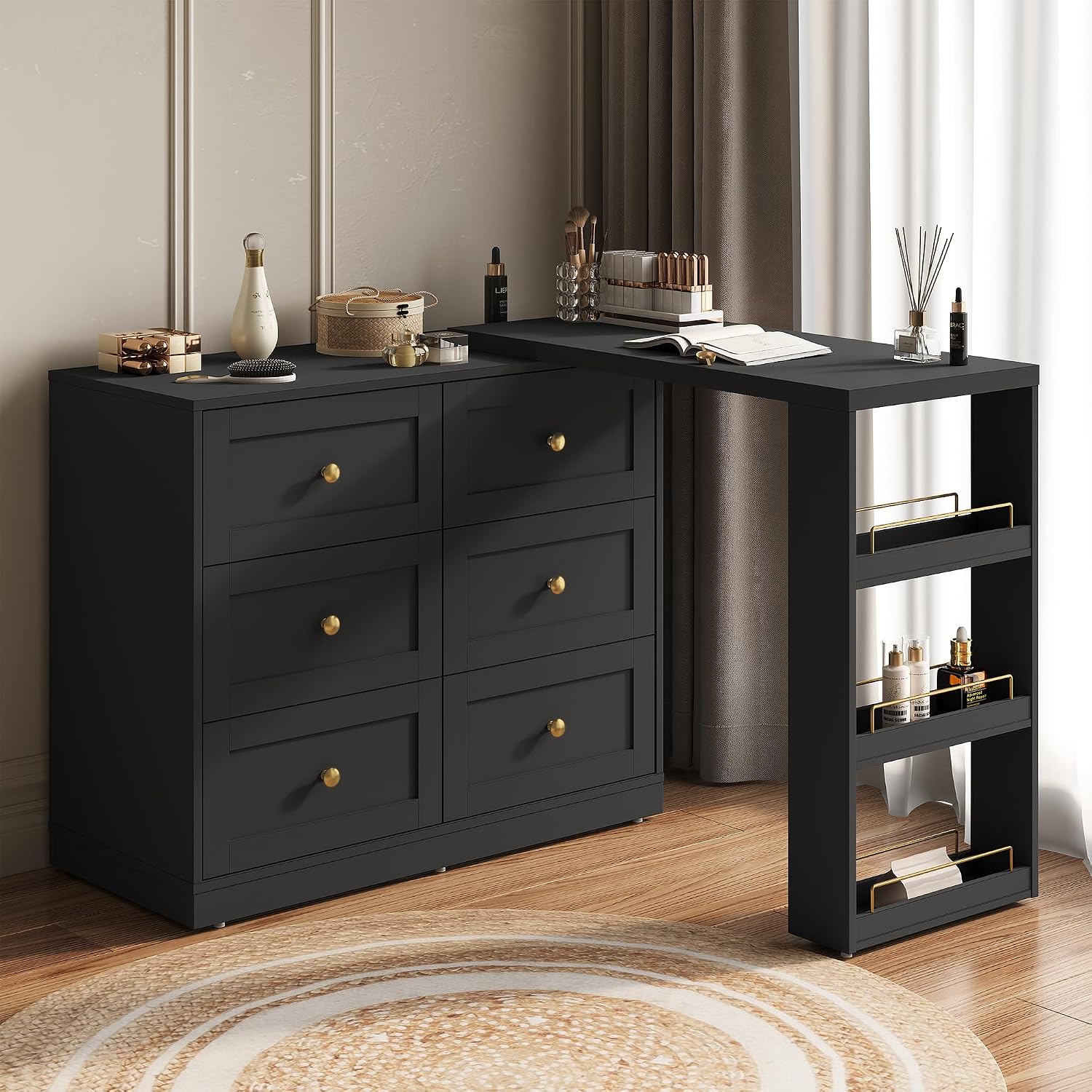 RoyalCraft Vanity Desk and Dresser Combo, 67' Extendable Big Makeup Vainty with 6 Drawer Dresser and 3 Side Shelves, Wood Corner Vanity for Bedroom, Dressing Table for Women Girlfriend, Black