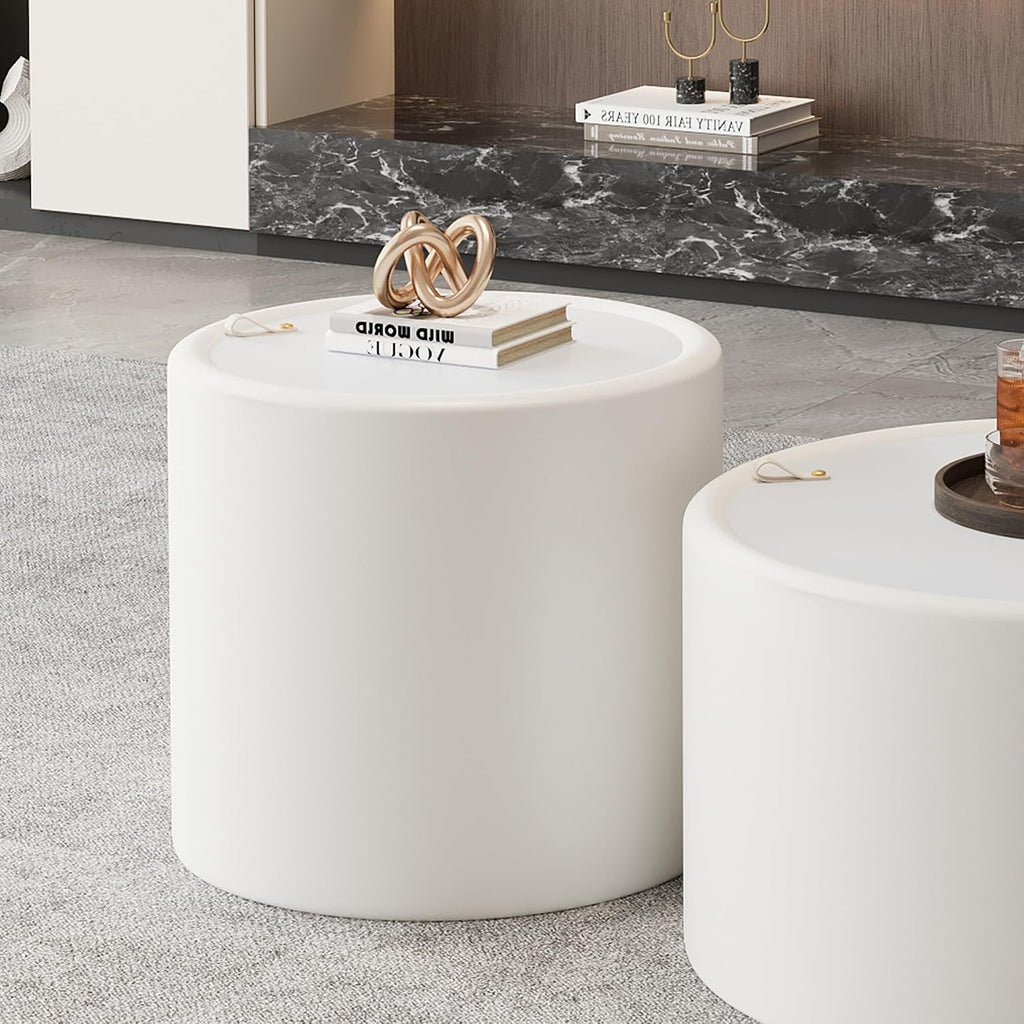 White Round Coffee Table with Hidden Storage, 19.69' Drum Coffee Table with Tempered Glass Top and PU Leather Body, Circle Cocktail Tea Table for Living Room, No Assemble