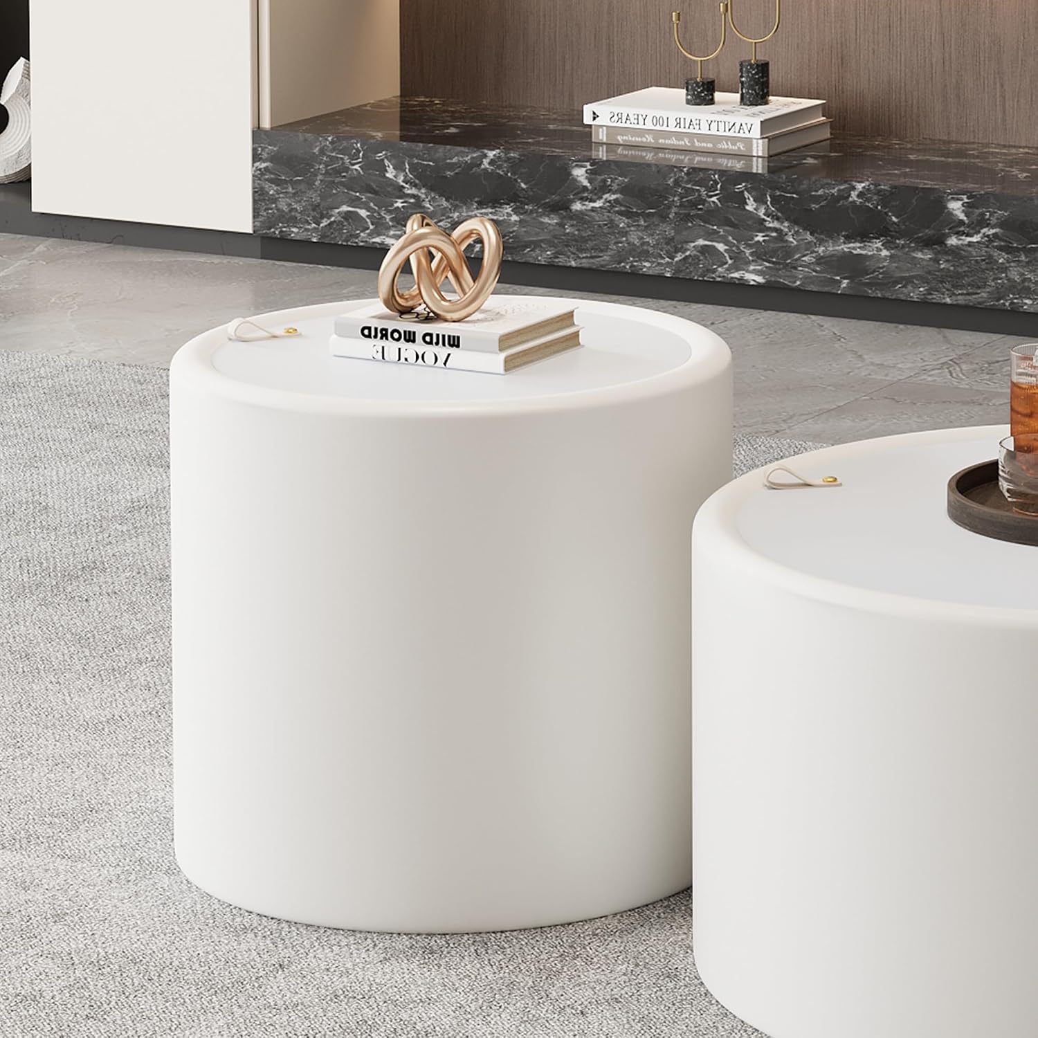 White Round Coffee Table with Hidden Storage, 19.69' Drum Coffee Table with Tempered Glass Top and PU Leather Body, Circle Cocktail Tea Table for Living Room, No Assemble