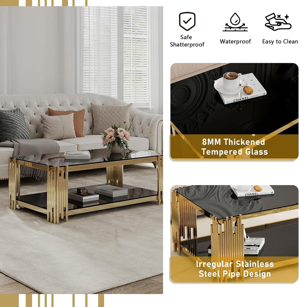 51' Black Glass Coffee Table Set of 3, Modern Luxury Gold End Table for Living Room Rectangle Tempered Glass Top Stainless Steel Leg, 20' Square Side Tables, Extra Large Size
