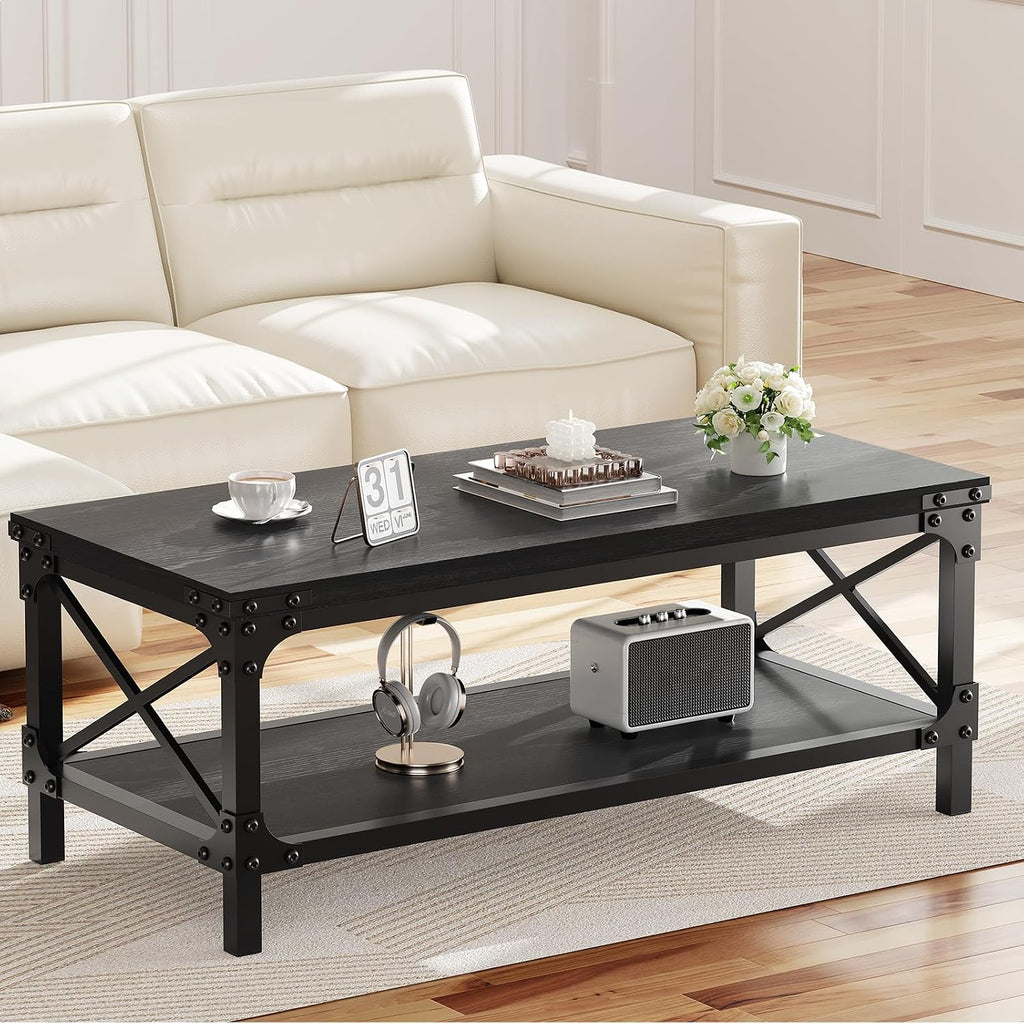 Rectangle Coffee Tables for Living Room, Wood Rectangular Coffee Table, 2 Tier Industrial Modern Center Table with Thickened Tabletop and Metal Frame, 47 inch Long (Black)