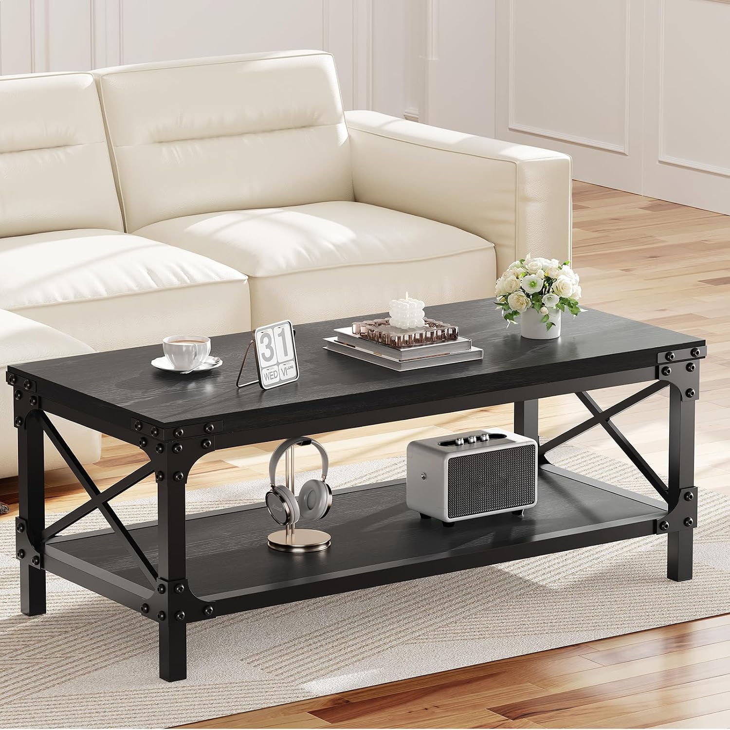 Rectangle Coffee Tables for Living Room, Wood Rectangular Coffee Table, 2 Tier Industrial Modern Center Table with Thickened Tabletop and Metal Frame, 47 inch Long (Black)