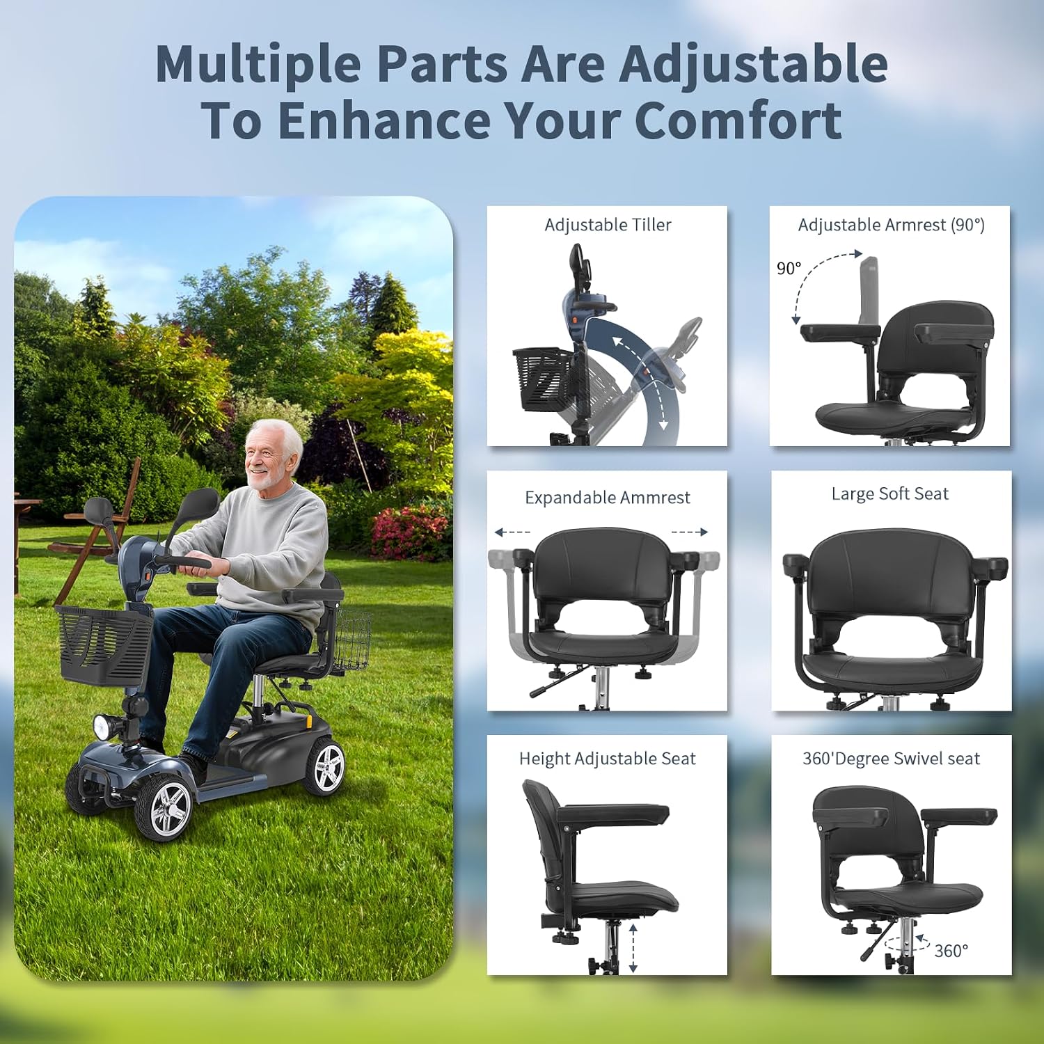 Mobility Scooter for Seniors/Adults, up to 300lbs Capacity, 4 Wheels Mobility Scooters with 15 Miles 350W 5/7MPH, Electric Wheelchair, Adjustable Seat with Rear Mirror