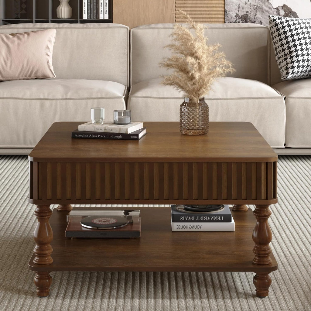 HARR Lift Top Square Coffee Table with Storage, 31.5'' Sofa Side End Table, Fluted Design Hydraulic Raising Mechanism, Hidden Compartment & Open Shelf, Retro Solid Wood Legs for Living Room, Walnut