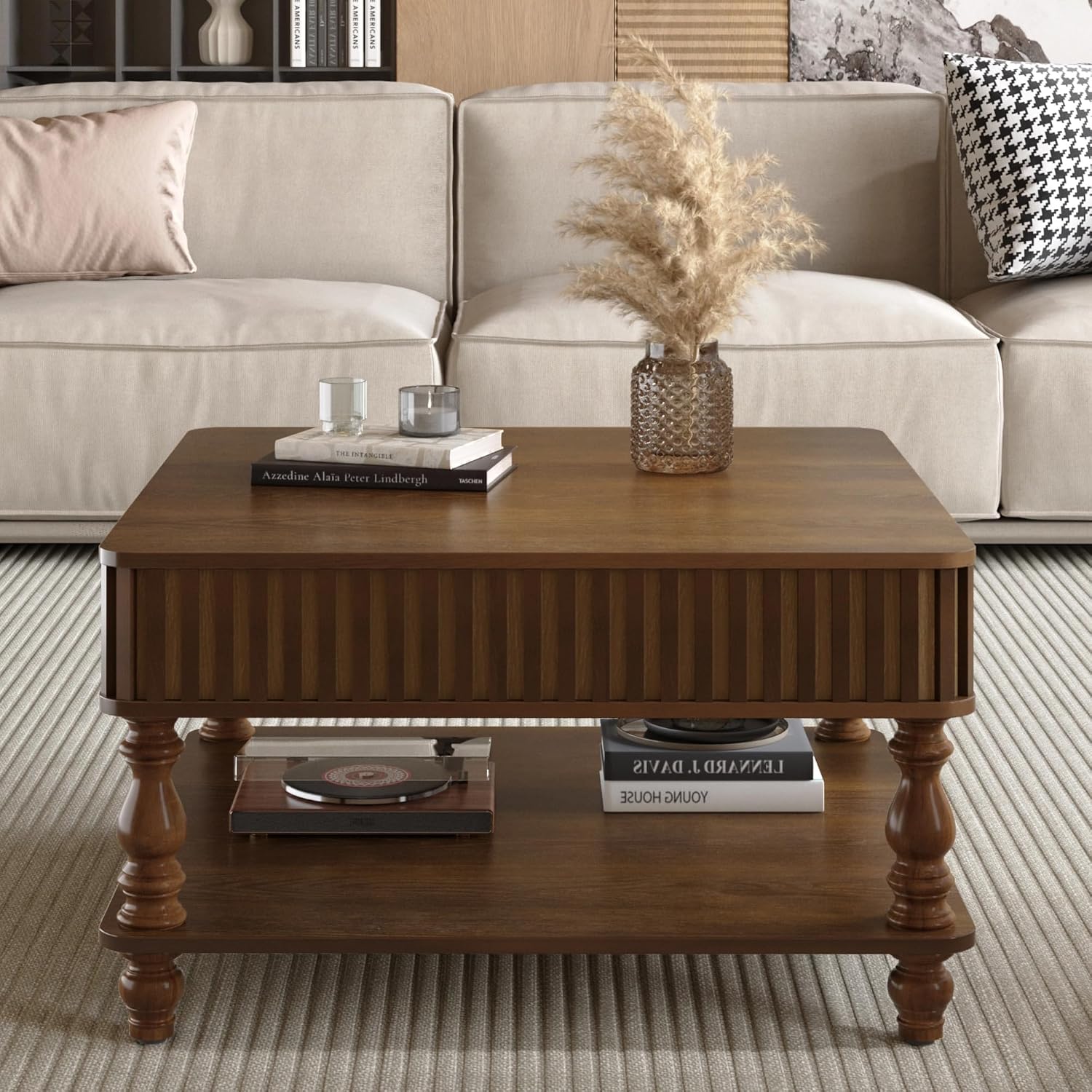 HARR Lift Top Square Coffee Table with Storage, 31.5'' Sofa Side End Table, Fluted Design Hydraulic Raising Mechanism, Hidden Compartment & Open Shelf, Retro Solid Wood Legs for Living Room, Walnut