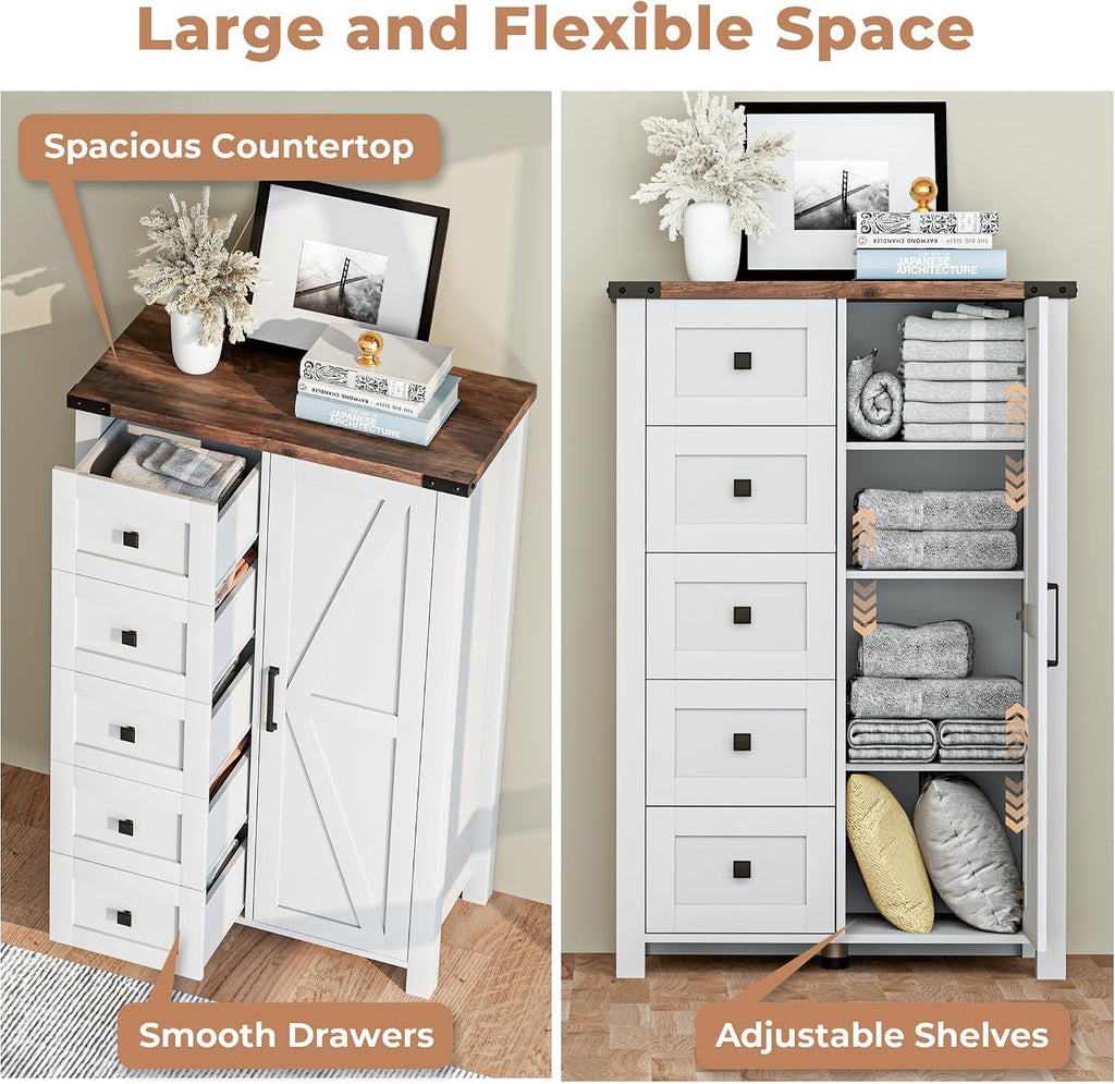 VVFLU Farmhouse Dresser Storage Cabinet Chest of Drawer for Bedroom, 5 Drawer Dresser with Barn Door, 48 Inch Tall White Wood Dresser, Adjustable Shelves, Rustic, for Living Room, Entryway, Hallway