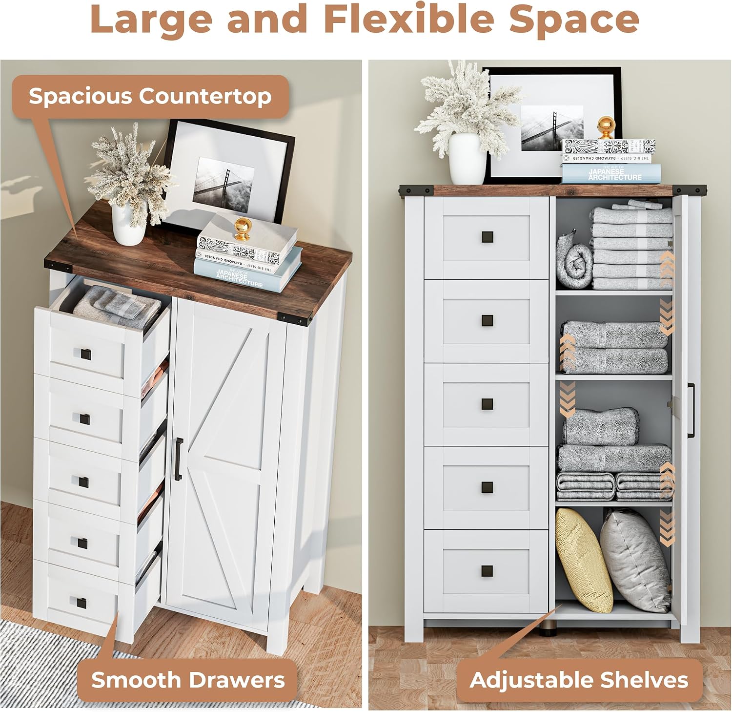 VVFLU Farmhouse Dresser Storage Cabinet Chest of Drawer for Bedroom, 5 Drawer Dresser with Barn Door, 48 Inch Tall White Wood Dresser, Adjustable Shelves, Rustic, for Living Room, Entryway, Hallway