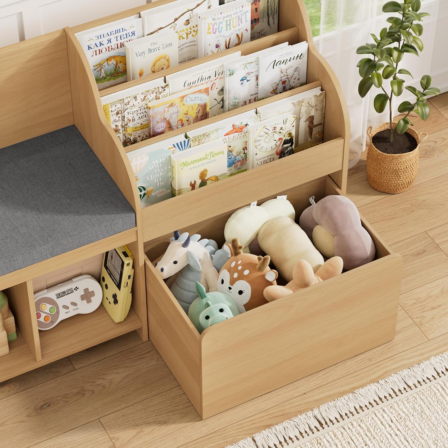 HOSTACK 67' W Kids Reading Nook with Toy Storage Organizer, Large Kids Bookshelf with Toy Storage Box on Wheels, Big Kid Bookcase with Bench and 6 Open Cubbies for Playroom, Kid Room, Natural Oak