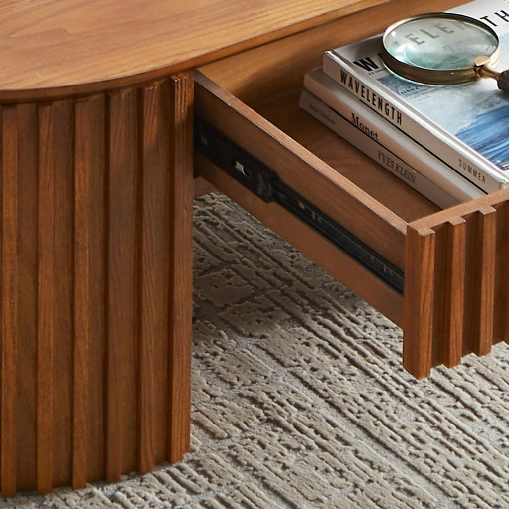 LKTART Oval Coffee Table with Drawer, 51.18' Solid Wood Veneer Coffee Tables for Living Room, Mid Century Modern Wooden Center Table, Already Installed,Brown