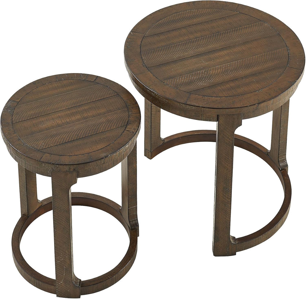 WILLIAMSPACE 24' Round Nesting Coffee Table Set of 2, Solid Wood Coffee Tables Mid Century Rustic Farmhouse Side End Tea Table for Living Room, Apartment (Drak Brown)