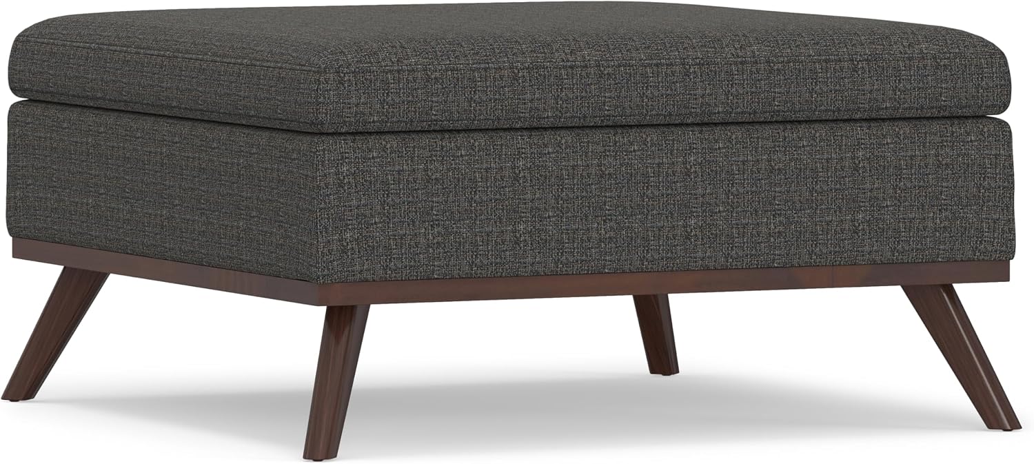 SIMPLIHOME Owen 36 inch Wide Mid Century Modern Square Coffee Table Storage Ottoman in Ebony Tweed Look Fabric, Assembled, for the Living Room, Entryway and Family Room