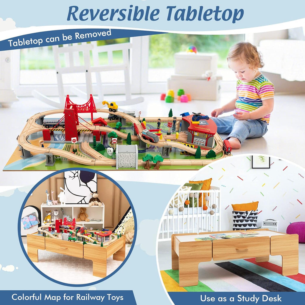 Costzon Train Table, 2 in 1 Kids Activity Table w/Storage Drawer, 100 Multicolor Pieces, Railway, Track, Cars, City, DIY Design, Reversible Tabletop, Gift for Boys Girls, Wooden Train Set (Natural)