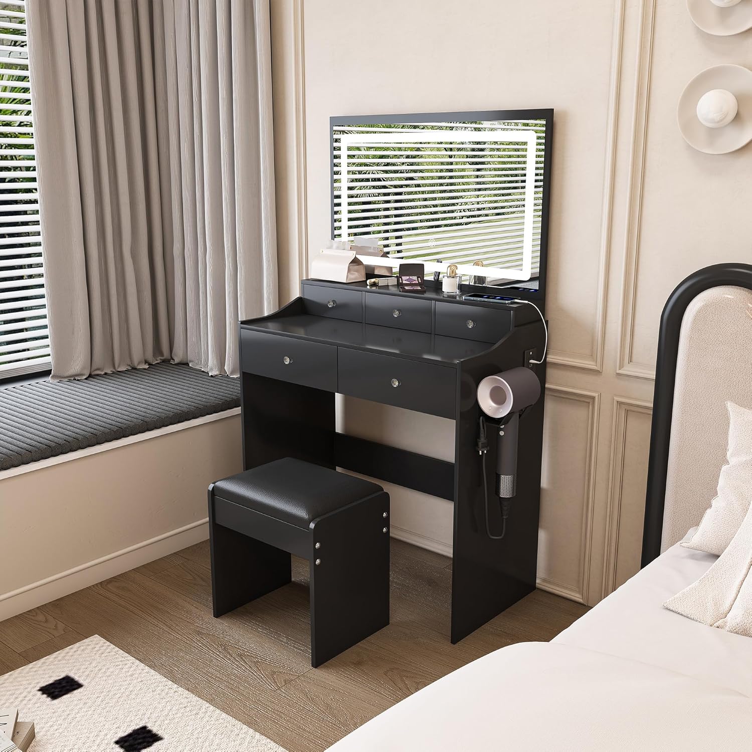 Vanity Desk with LED Light Mirror, Storage Makeup Vanity Table with Stool, 5 Drawers, Hairdryer Holder, Power Outlet, 3 Adjustable Lighting Colors, Dressing Table and Chair for Bedroom, Black