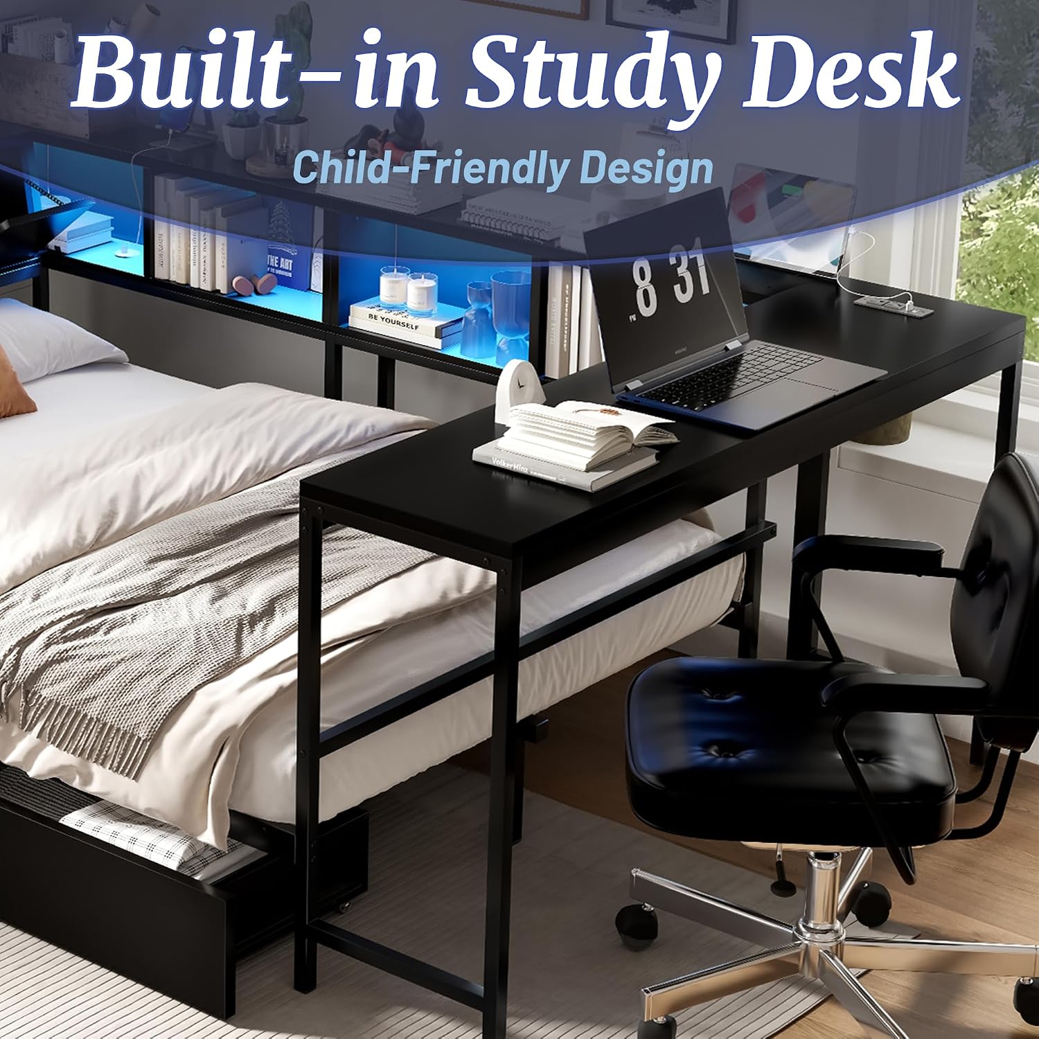 Twin Corner Bed Frame with Storage Drawers, Twin Daybed with Built-in Bookshelf & LED Light, L Shaped Twin Beds with Charging Station for Kids Teens, Black