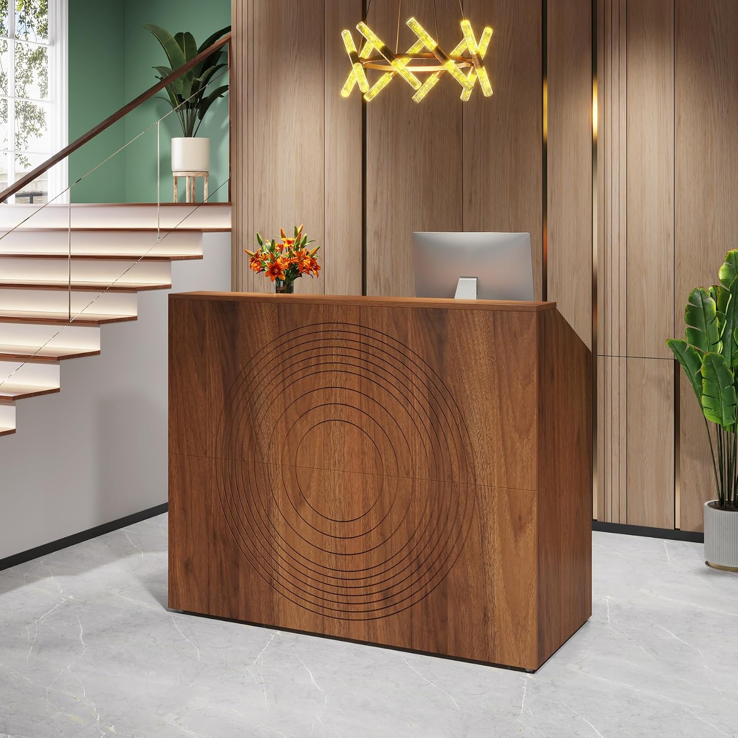 Tribesigns Reception Desk with Counter, Modern Front Desk Reception Room Table with Cable Grommet, 47 inch Retail Counter for Checkout, Lobby, Beauty Salon, Home Office Desk, Walnut