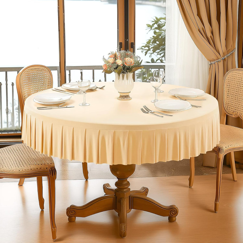 8 Pack Champagne Spandex Round Tablecloths for 60 inch Tables, Stretchy Fitted 5FT Round Table Cloths with Skirt for Wedding Party Dining Banquet
