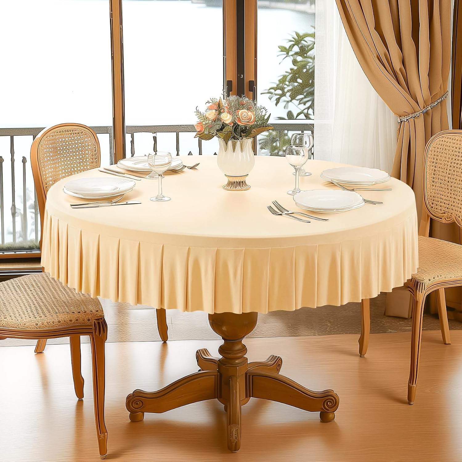 6 Pack Champagne Spandex Round Tablecloths for 60 inch Tables, Stretchy Fitted 5FT Round Table Cloth with Skirt for Wedding Party Dining Banquet