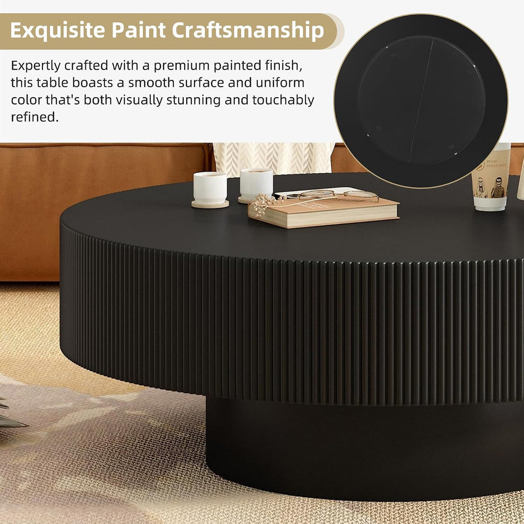 SOFTSEA Round Coffee Table for Living Room, Modern Drum Center Table, Fluted Side Table with Sturdy Base for Bedroom, Office, Apartment, 31.5'L x 31.5W x 13.7'H, Black