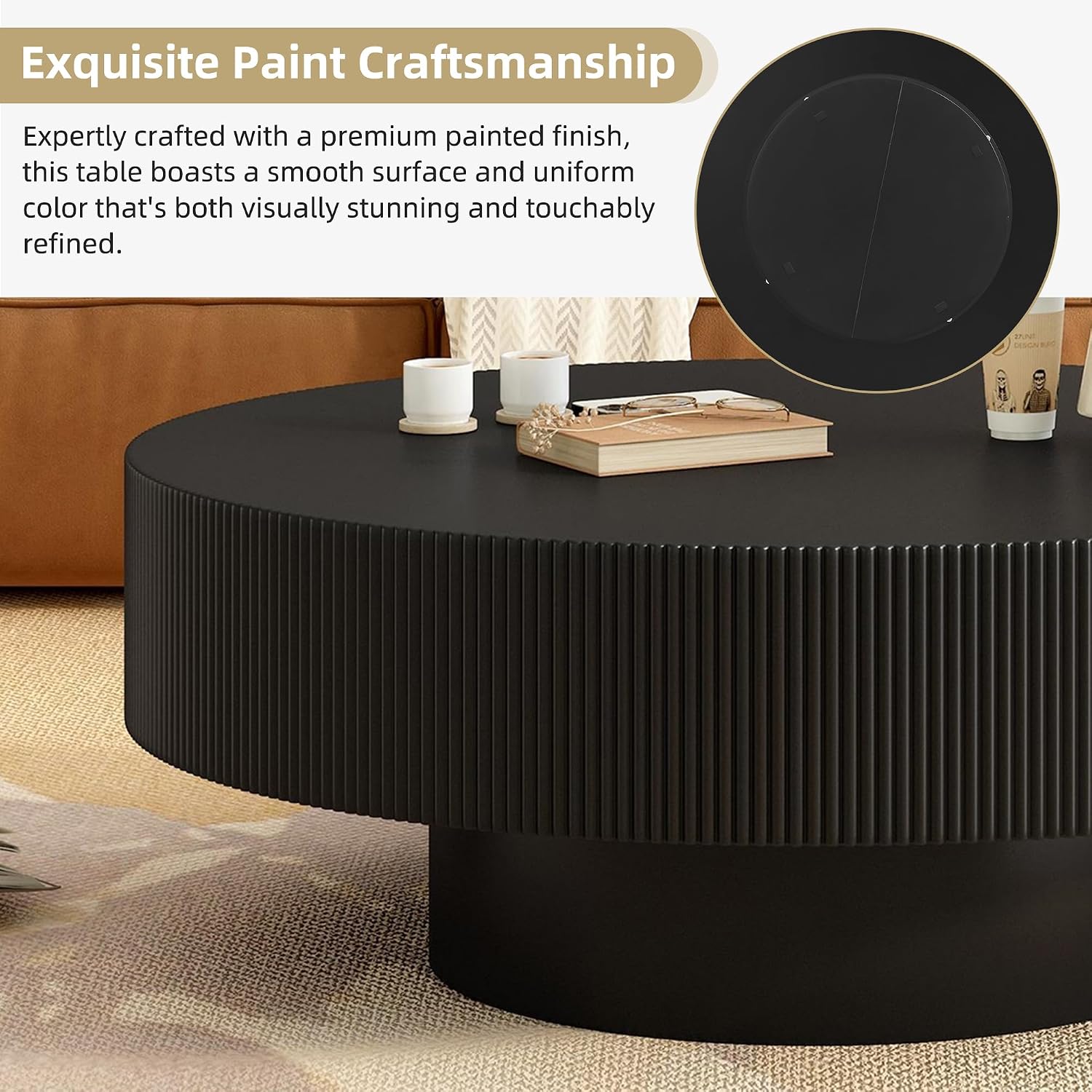 SOFTSEA Round Coffee Table for Living Room, Modern Drum Center Table, Fluted Side Table with Sturdy Base for Bedroom, Office, Apartment, 31.5'L x 31.5W x 13.7'H, Black