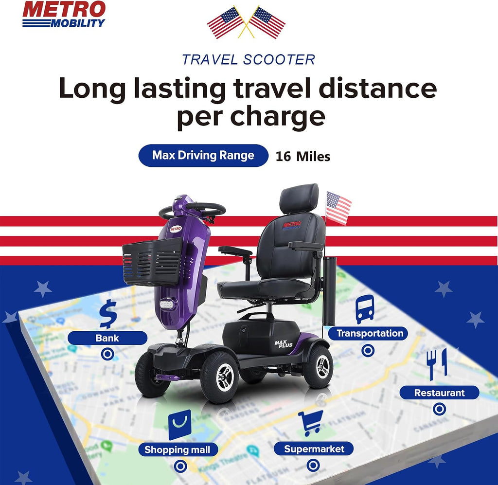 Metro Mobility - New 4 Wheel Outdoor Mobility Scooter - Adult Scooter 300lbs Foldable - Battery - 20V20AH*2pcs, Max Range 16 Miles (Purple)