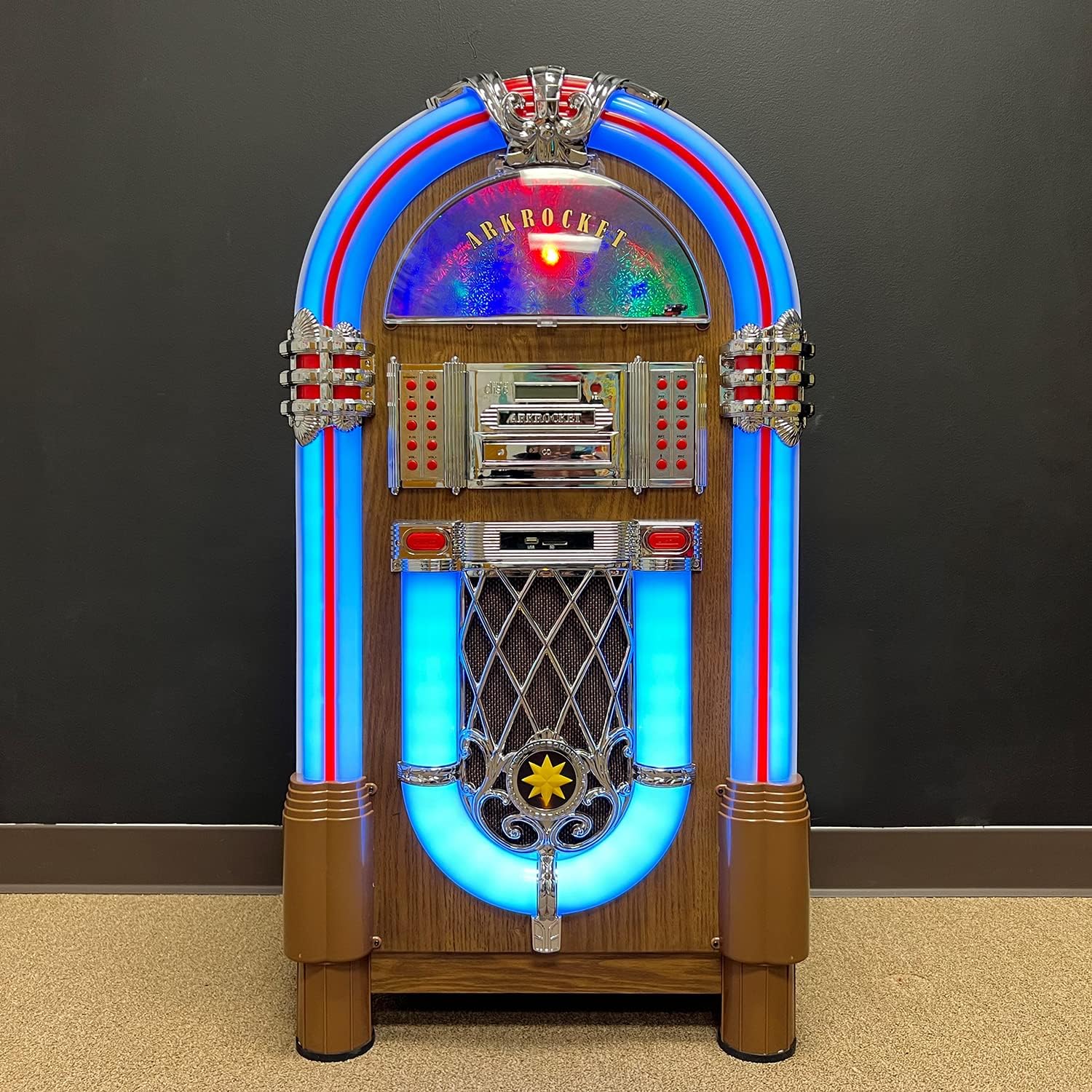 Arkrocket Full Size Jukebox Vinyl Record Player Bluetooth USB SD CD Player Radio Retro Turntable Classic Jukebox (Taurus II - Oak)