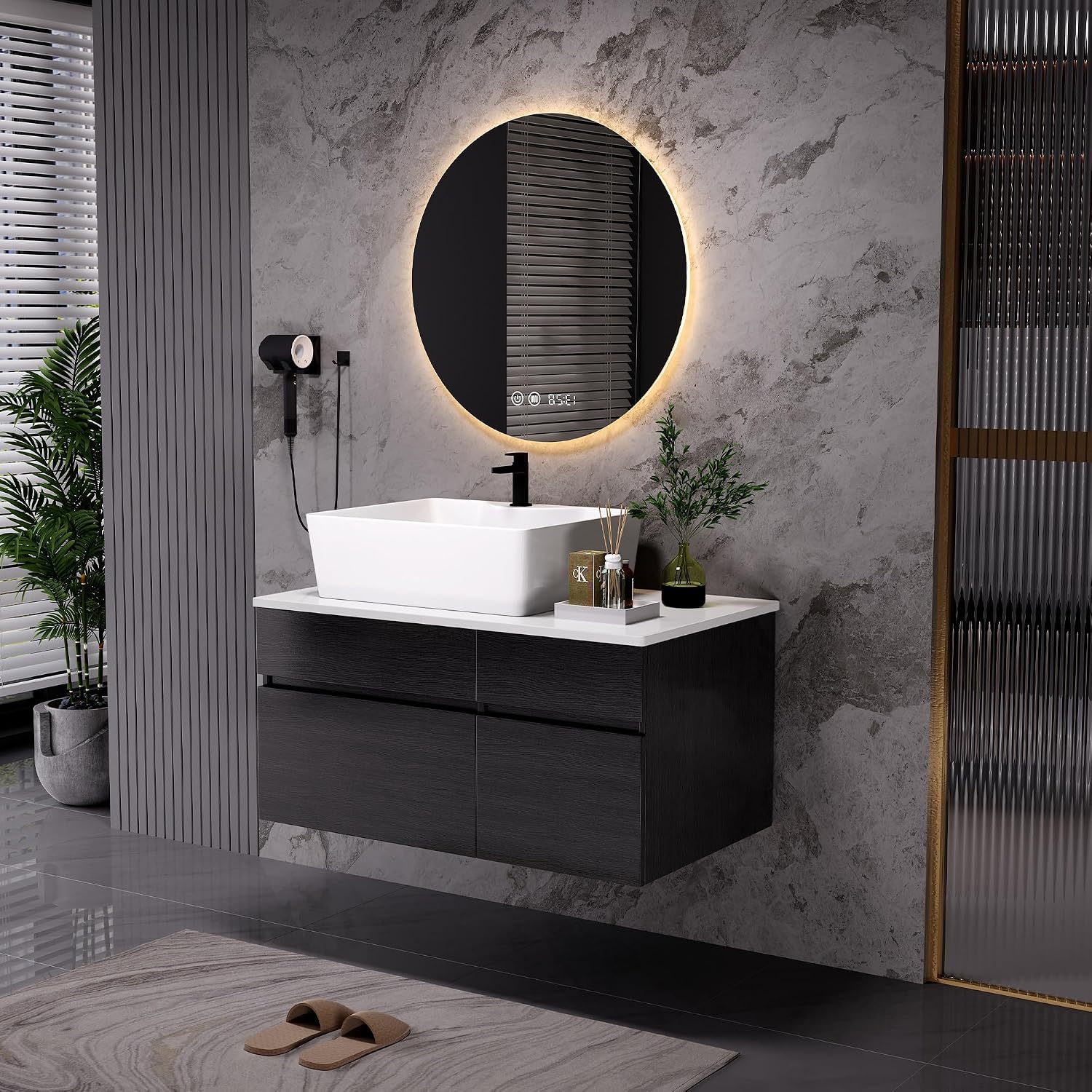 31.5' Bathroom Vanity with Ceramic Sink & MDF Top,Floating Vanity Bathroom Sink Cabinet Wall Mount with Hidden Drawers & Soft Closing Cabinet Door for Organizer