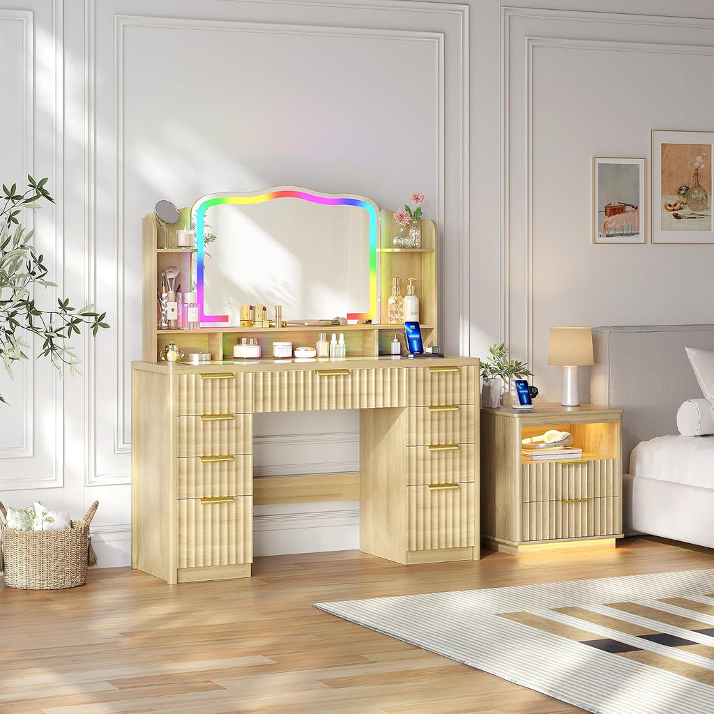Fluted Makeup Vanity with Large Storage & RGB Lighting, Vanity Desk with 9 Drawers, Jewelry Organizer, Open Shelves & Charger Station, Dressing Table Gift for Women/Girls/Lady, Wood