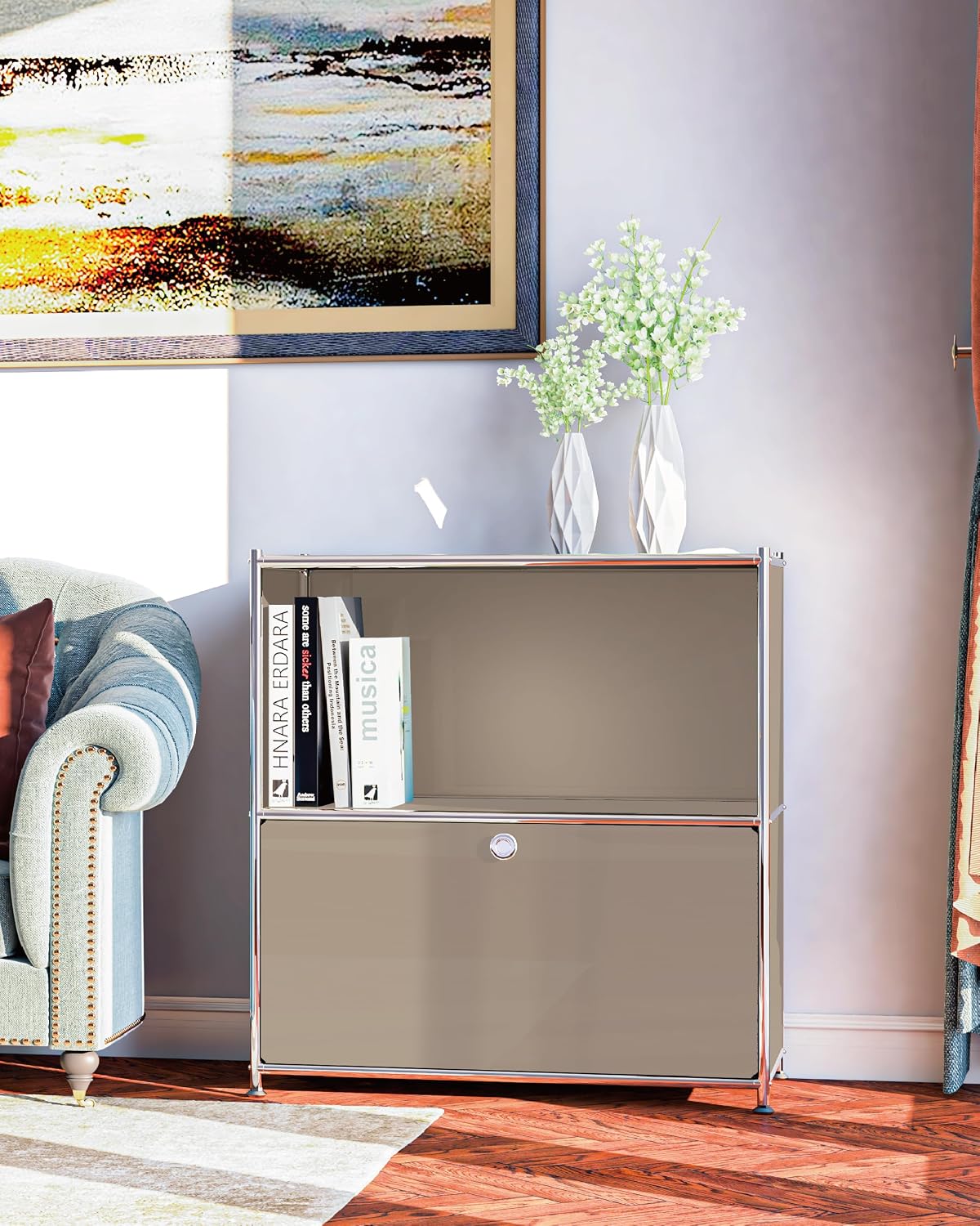 32.5-Inch Flip-Top Storage Cabinet with Detachable Wheels, Metal Side Table and Small Sideboard Cabinet for Living Room, Bedroom, Office, Orange
