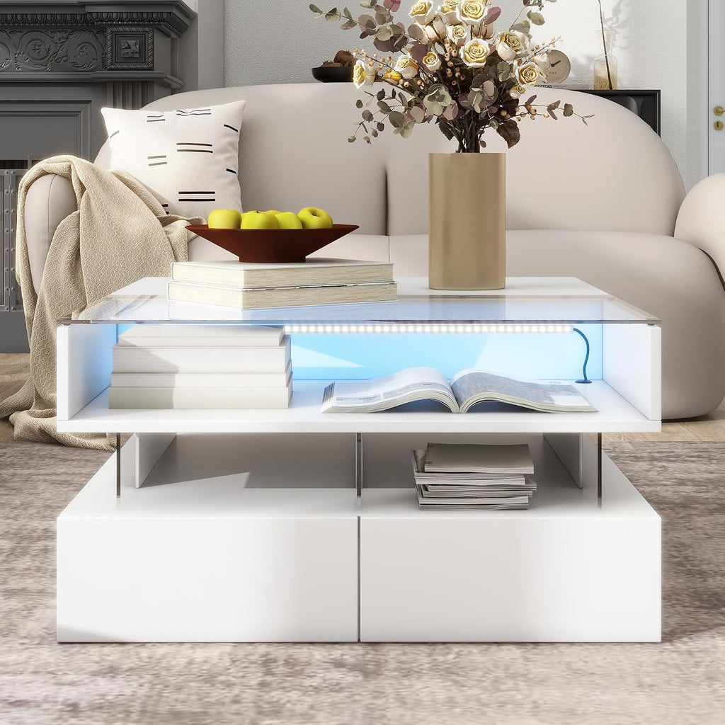 High Gloss LED Square Coffee Table 29.5-Inch Modern Lift-Top Center Cocktail Table with Storage & Glass Top for Living Room, White