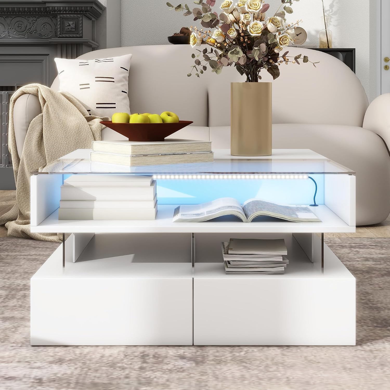 High Gloss LED Square Coffee Table 29.5-Inch Modern Lift-Top Center Cocktail Table with Storage & Glass Top for Living Room, White